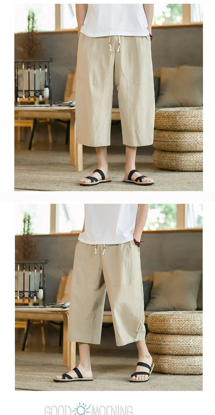Pantaloni di lino da uomo in stile cinese Pantaloni a gamba larga da uomo con cavallo basso Pantaloni da uomo HipHop Pantaloni al polpaccio Pantaloni da pista Streetwear
