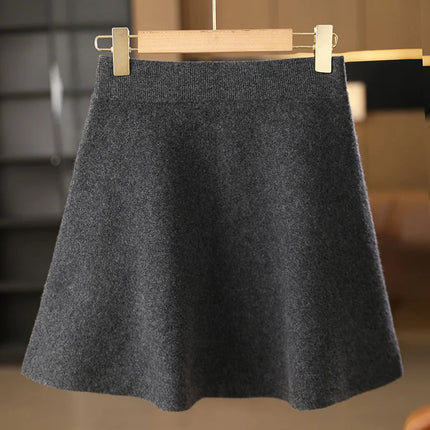 Women's Wool Skirt Autumn Winter Elastic Waist Mini A-Line Cashmere Skirt 100% Merino Wool Knitted Above Knee Preppy Style Dress PlatiNum