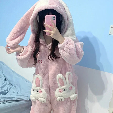 Coral Velvet Onesies Women Cute Rabbit Kigurumi Unicorn Preppy Cartoon Hooded Kawaii Thicker Winter Warm Cotton Pajamas Homewear