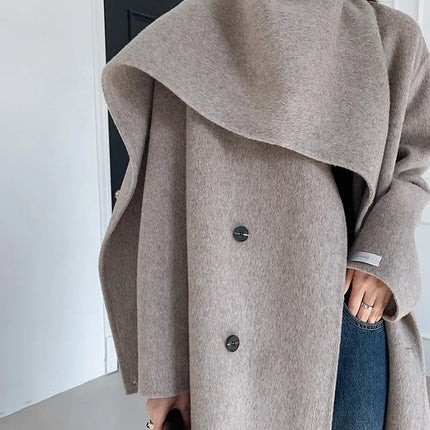 Luxury Hand-sewn Double-sided Cashmere Wool Coat Women New Mid-length Scarf Collar Loose Lace-up Warm Wool Coat Fashion Winter