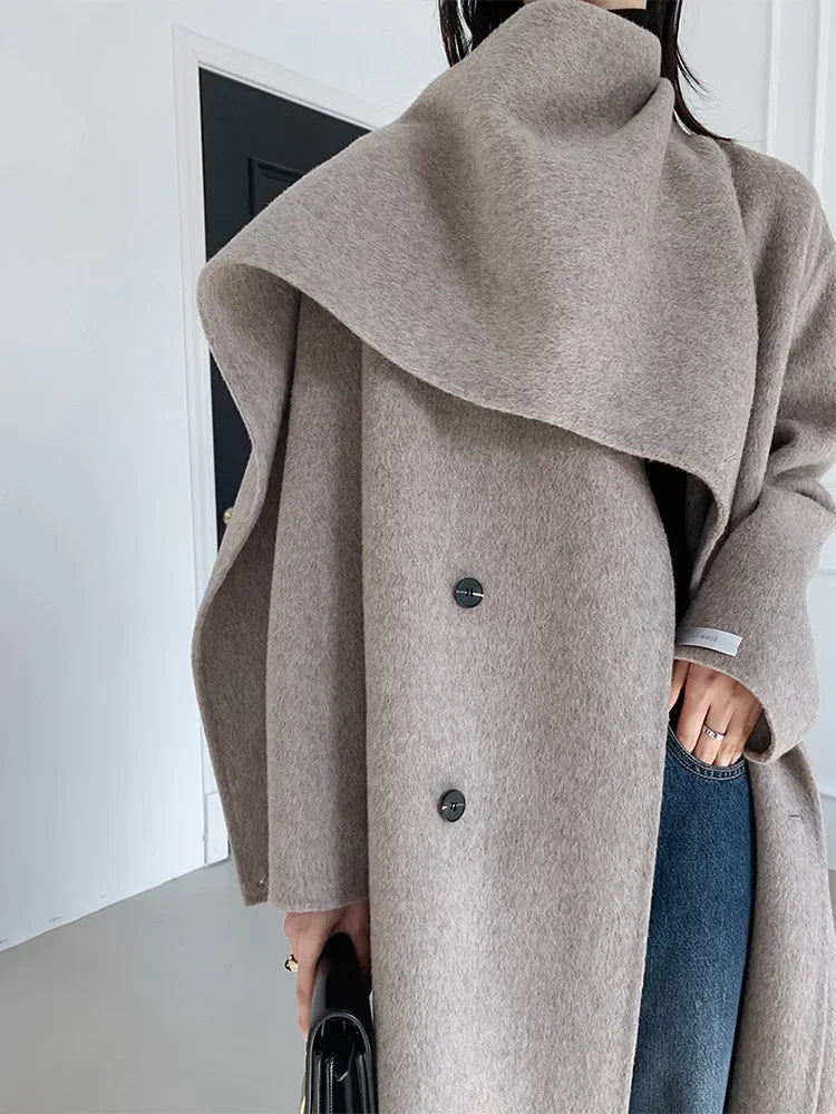 Luxury Hand-sewn Double-sided Cashmere Wool Coat Women New Mid-length Scarf Collar Loose Lace-up Warm Wool Coat Fashion Winter