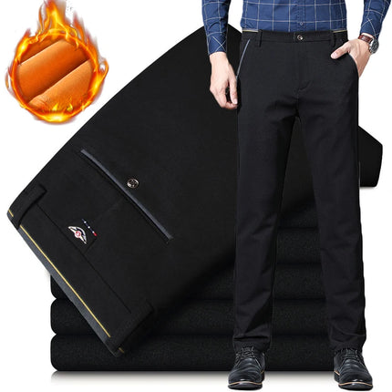 Winter Warm Mens Fleece Suit Pants Business Office Straight Formal Thicken Casual Pants Elastic Classic Velvet Thermal Trousers