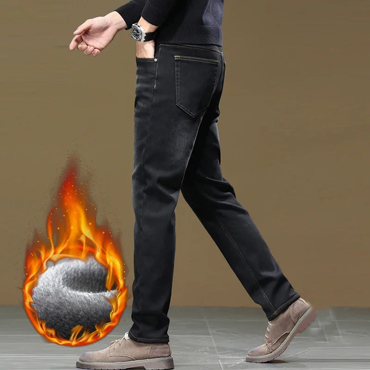 Autumn Winter Men Fleece Jeans Slight‑stretch Slim Straight Washed Thick Warm Denim Pants Luxury Outdoor Commute Casual Trousers
