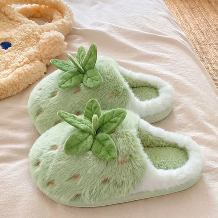 Women's Cotton Slippers Cute Strawberry Furry Fur House Winter Warm Plush Fluffy Slippers Women Chunky Sole Platform GirlsShoes
