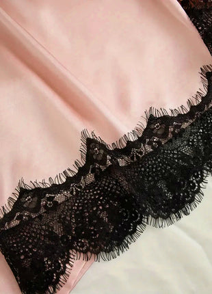 Pigiama da notte in raso da donna Set pigiama rosa Lingerie sexy Accappatoio Patchwork di pizzo Abito da notte in seta Pantaloni Indumenti da notte vestiti per la casa
