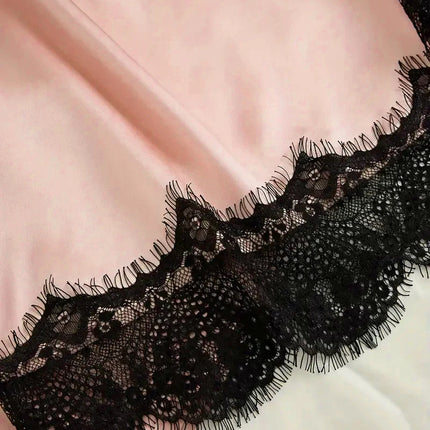 Pigiama da notte in raso da donna Set pigiama rosa Lingerie sexy Accappatoio Patchwork di pizzo Abito da notte in seta Pantaloni Indumenti da notte vestiti per la casa