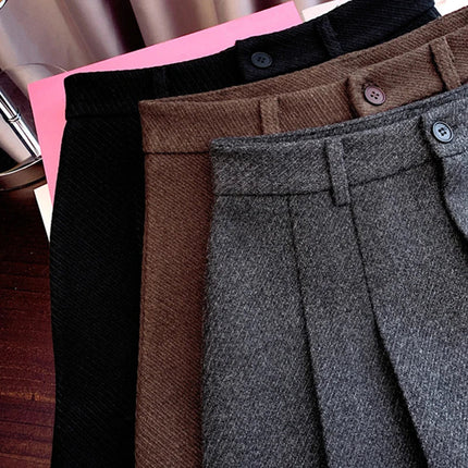 Gidyq Women Wool Mini Skirt Casual Korean Female High Waist Pleated Skirt Harajuku Fashion Streetwear Thick A Line Skirts New PlatiNum