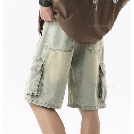 Pantaloncini di jeans alla moda retrò estivi per uomo Jeans corti multitasche larghi con gamba dritta con elastico in vita e coulisse da uomo