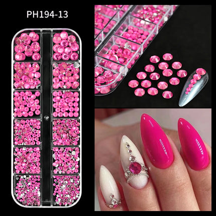12 Grids Mixed Size Nail Rhinestones SS6 to SS30 Shiny Clear Gold Pink Blue Flat Back Glass Gems for DIY Nail Art Manicure Decoration Supply