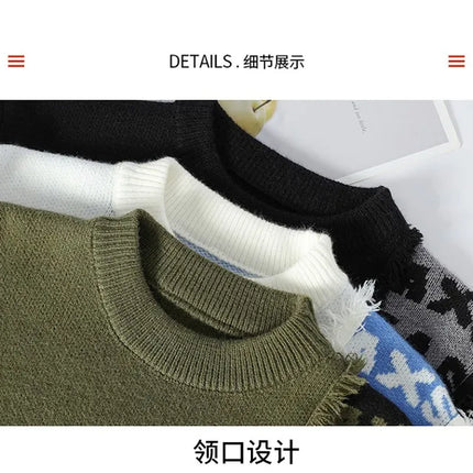 2024 Patchwork Knitted Sweater Trend High Street Autumn Winter Warm Men's Tops Hip-hop Street Clothing Fishing Sports Pullover