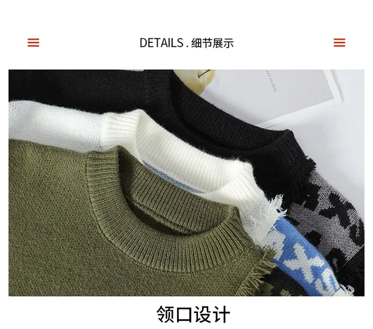 2024 Patchwork Knitted Sweater Trend High Street Autumn Winter Warm Men's Tops Hip-hop Street Clothing Fishing Sports Pullover