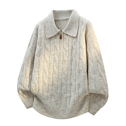 Men's  Knit Sweater Pullover Solid Color Long Sleeve Lapel zipper-Up Fall Winter Loose Warm Casual top