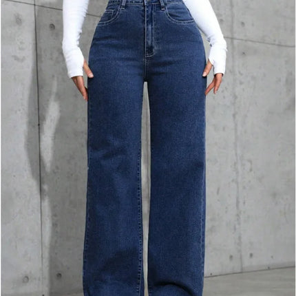 Jeans a gamba dritta a vita alta lavati blu da donna americana Jeans larghi con tasche frontali e posteriori adatti per l'abbigliamento casual quotidiano