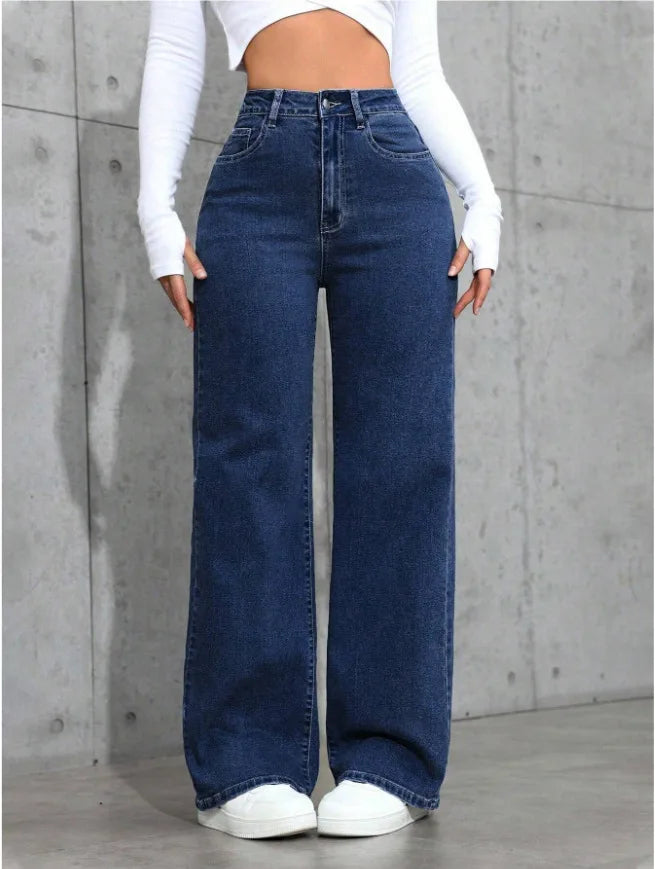Jeans a gamba dritta a vita alta lavati blu da donna americana Jeans larghi con tasche frontali e posteriori adatti per l'abbigliamento casual quotidiano