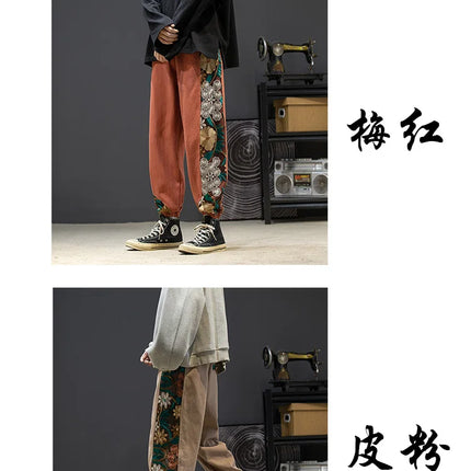 Pantaloni casual alla moda Abbigliamento da uomo Cotone Samurai giapponese Ricamo Patchwork Pantaloni Harem Pantaloni Harajuku oversize da uomo