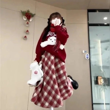 Red Plaid Midi Skirt Women Fall Winter Vintage High Waist Sweet Woolen Cloth Skirts Retro Loose Preppy Aesthetic Female Skirt PlatiNum