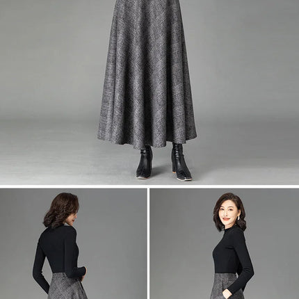 New Women Woolen Plaid Skirt Autumn Winter Fashion Elastic High Waist A-Line Wool Blended Long Skirt Simplicity Vintage Skirt PlatiNum