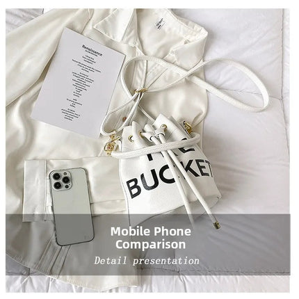 Spring New Fashion Letter PU Leather Bucket Bag Women Simple City Style Shoulder Handbag Trendy Crossbody Satchel Handbag PlatiNum