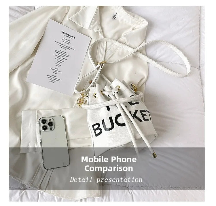 Spring New Fashion Letter PU Leather Bucket Bag Women Simple City Style Shoulder Handbag Trendy Crossbody Satchel Handbag PlatiNum
