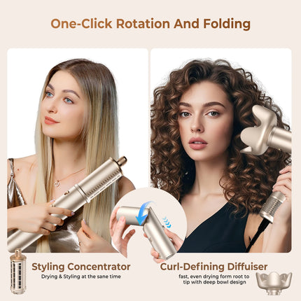 UKLISS 643 Champagne Color 8-in-1 Hot Air Styler Set, Detachable Multi Functional Hair Styling Tool, Hair Dryer, Curling Wand, Straightening Brush & Flat Iron All in One, Foldable Rotatable Auto Curler for Quick Drying, Smoot