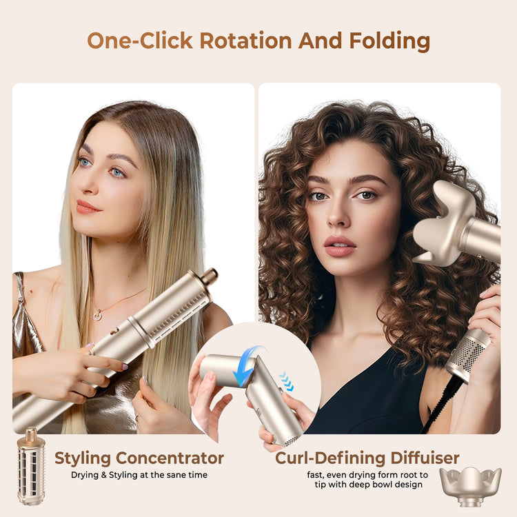 UKLISS 643 Champagne Color 8-in-1 Hot Air Styler Set, Detachable Multi Functional Hair Styling Tool, Hair Dryer, Curling Wand, Straightening Brush & Flat Iron All in One, Foldable Rotatable Auto Curler for Quick Drying, Smoot