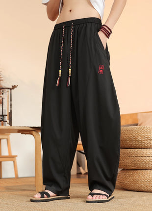Pantaloni neri da uomo estivi leggeri e larghi in stile retrò giapponese, pantaloni harem casual traspiranti e comodi con elastico in vita