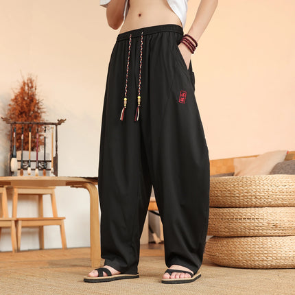 Pantaloni neri da uomo estivi leggeri e larghi in stile retrò giapponese, pantaloni harem casual traspiranti e comodi con elastico in vita
