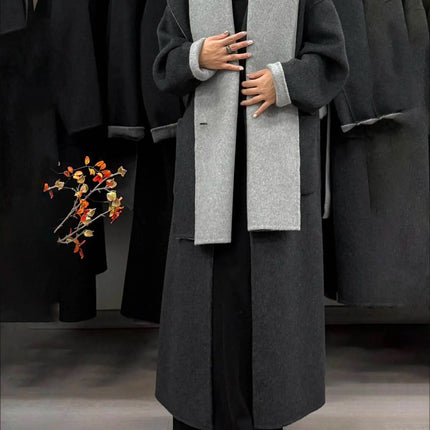 DFDG Woman's Cowl-neck Pure Color Versatile Patchwork Two-color Design 2025 Spring New Style Loose High-quality Long Coat
