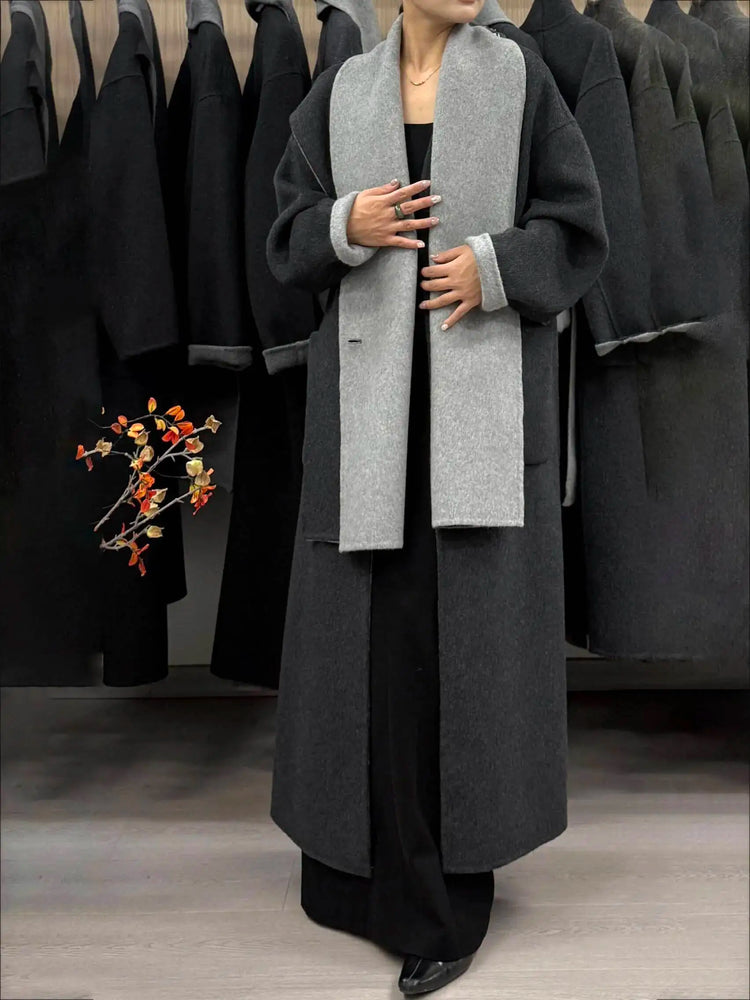 DFDG Woman's Cowl-neck Pure Color Versatile Patchwork Two-color Design 2025 Spring New Style Loose High-quality Long Coat