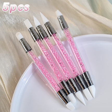 5Pcs/Set Pink Dual Ended Rhinestone Nail Art Silicone Pen Sculpture Pen/3D Flower Carving/Dotting Nail Tool 13cmManicure Brush