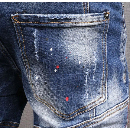 Fashion Streetwear Men Jeans Retro Black Blue Elastic Slim Fit Ripped Jeans Men Spliced Designer Embroidery Hip Hop Denim Pants PlatiNum