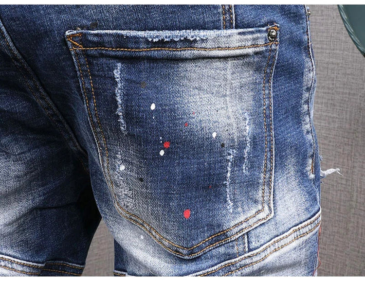 Fashion Streetwear Men Jeans Retro Black Blue Elastic Slim Fit Ripped Jeans Men Spliced Designer Embroidery Hip Hop Denim Pants PlatiNum