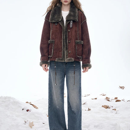 ELFSACK Women's Vintage Suede Plush Winter Coat 2025, Loose Turn-Down Collar Blend Jacket, Casual Versatile Outerwear