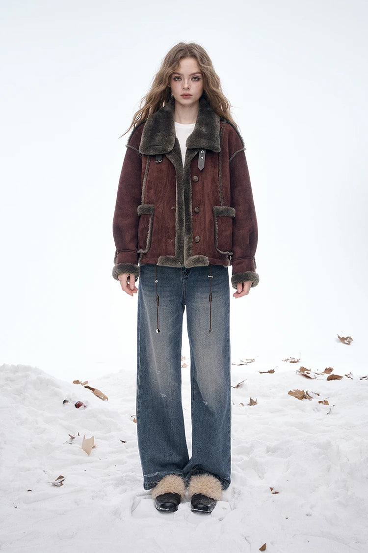ELFSACK Women's Vintage Suede Plush Winter Coat 2025, Loose Turn-Down Collar Blend Jacket, Casual Versatile Outerwear