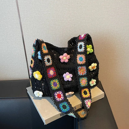 Borsa tote da donna in stile boho con motivo floreale all'uncinetto, borsa a tracolla in maglia intrecciata di grande capacità, borsa da spiaggia estiva per ragazze