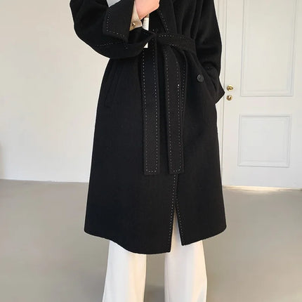 New Solid Korean Style Women Wool Coat Arch Needle Large Neck Versatile Fashion Texture Double Sided Trench Coats Female Winter