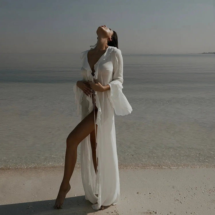 Abbigliamento da spiaggia con protezione solare a maniche lunghe Abbigliamento da donna Sexy scollo a V increspato Nero Bianco Nuova tunica in chiffon Copricostume da spiaggia platinumshop