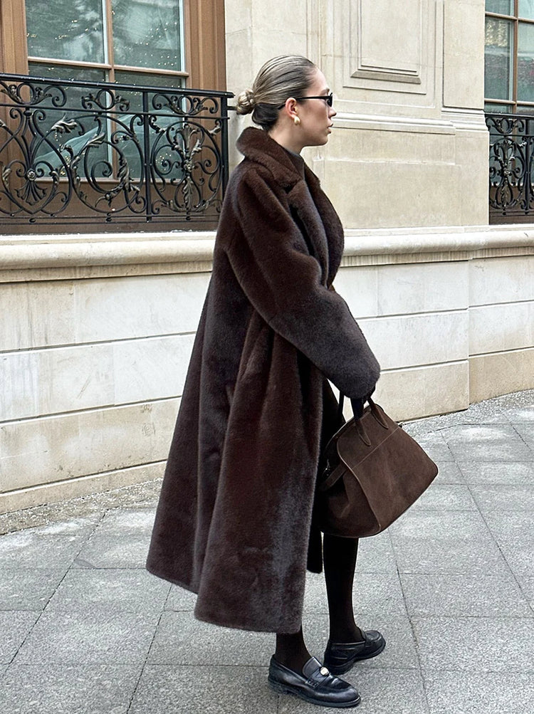 ZADORIN 110cm Long Lapel Belted Brown Faux Fur Coat Woman Elegant Mink Fur Faux Coat Fluffy Fur Jackets for Woman Winter Clothes