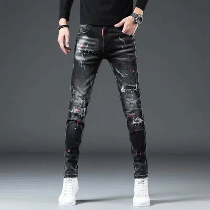 High Street  2022 Fashion Casual Ripped Jeans Men's Patch Teenagers Cowboy Paint Splash Ink Black Pencil Pants Skinny Jeans Men PlatiNum