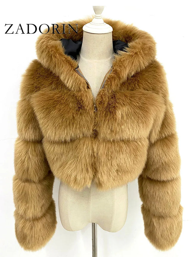 ZADORIN High Quality Hooded Short Faux Fur Coat Woman Clothing Winter Furry Faux Fur Jacket New in Coats & Jackets Fur Top Sexy