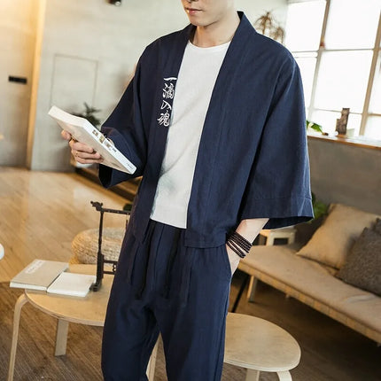Set da due pezzi (camicia + pantaloni) camicia da uomo in cotone di lino con ricamo stile giapponese pantaloni larghi casual da uomo pantaloni Tai Chi Kungfu retrò