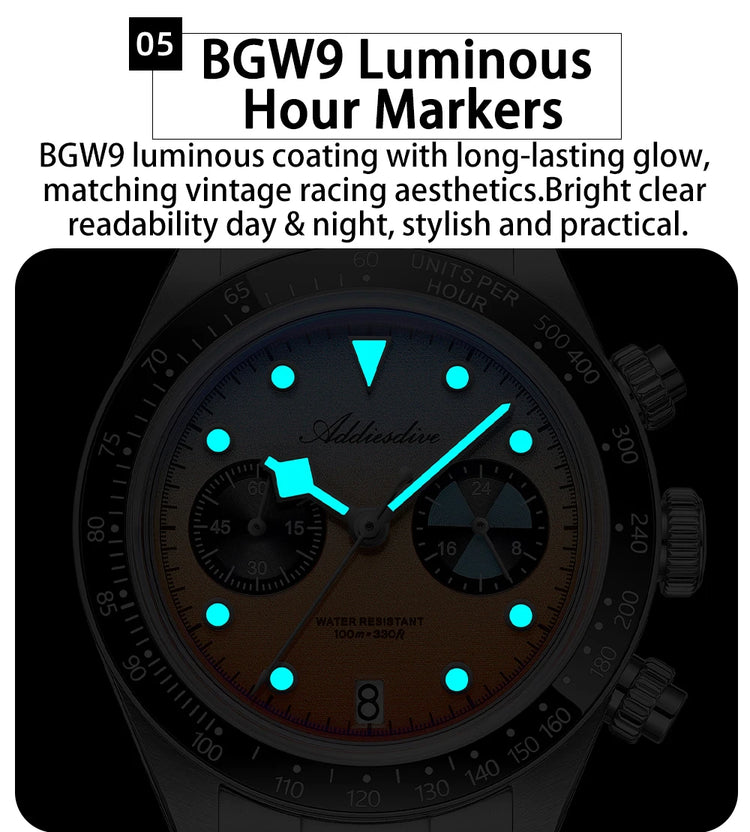 ADDIESDIVE Hight Quality Men's Watch VK64 Chronograph Super Luminous Ceramic Bezel Wristwatch Calendar 10Bar Waterproof Watches
