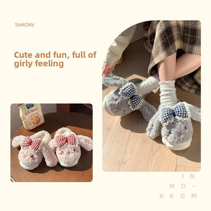 2026 New Women's Cotton Bow Bunny Slippers Winter Indoor Home Warm Household Wool Cotton Shoes Women Wear Indoor Winte
