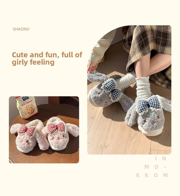 2026 New Women's Cotton Bow Bunny Slippers Winter Indoor Home Warm Household Wool Cotton Shoes Women Wear Indoor Winte