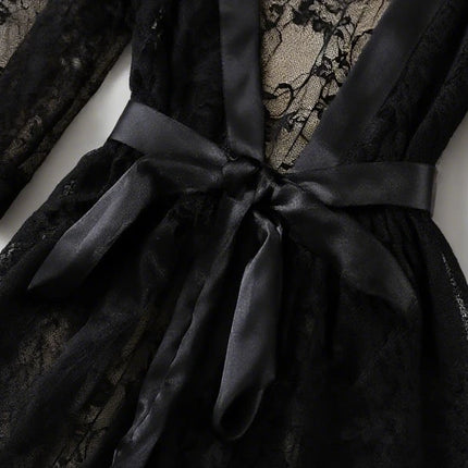 Vestido de talla grande de encaje negro con ribetes de satén: lazo en la cintura, tejido transparente para un elegante y sexy atuendo de estar en casa.seksi iç çama beheları kadın