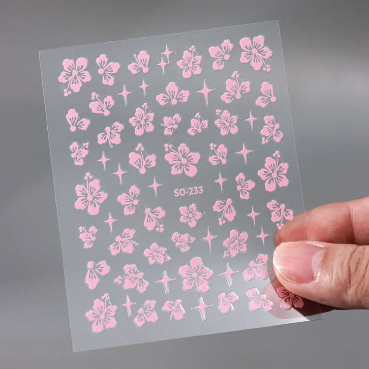 4pcs Hibiscus Flower Nail Art Sticker 3D White Pink Floral Decal Y2K Gold Silver Petal DIY Romantic Self-Adhesive Manicure Decor