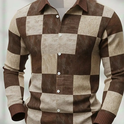 Men's Retro Patchwork Plaid Long-Sleeve Shirt, Casual Button-Down Top, Stylish Daily Office/Streetwear Shirt