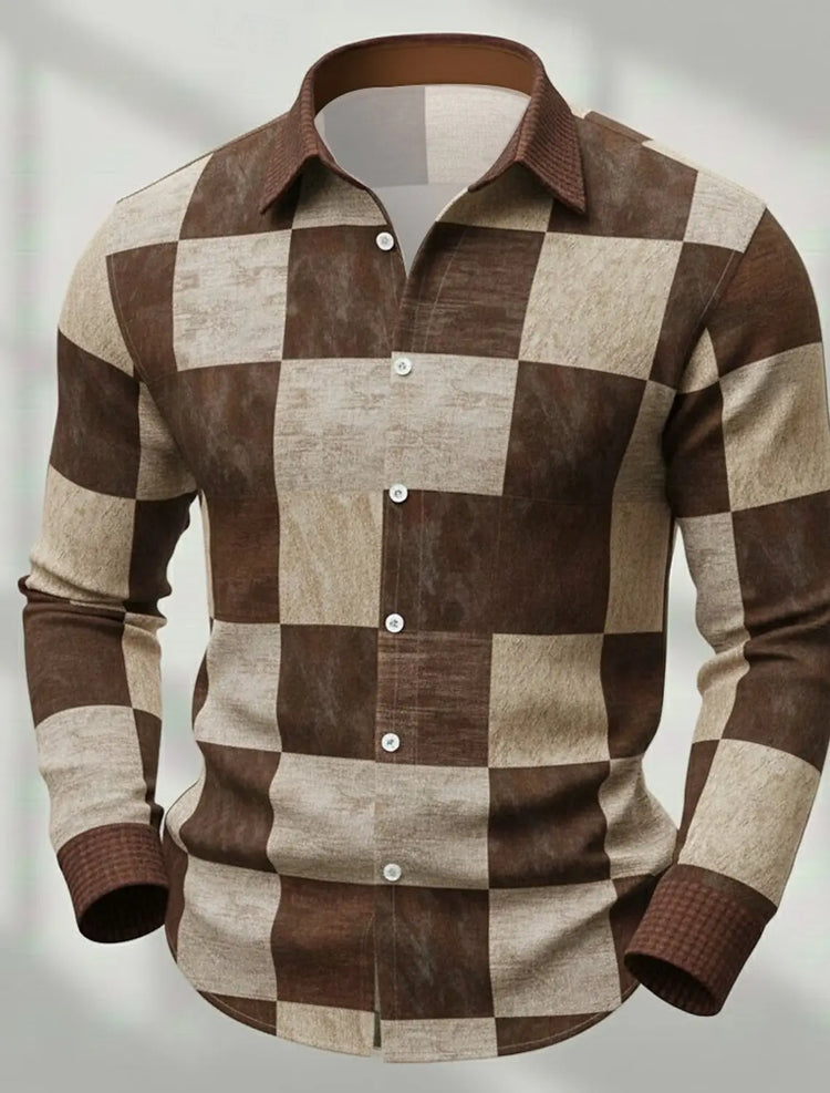 Men's Retro Patchwork Plaid Long-Sleeve Shirt, Casual Button-Down Top, Stylish Daily Office/Streetwear Shirt