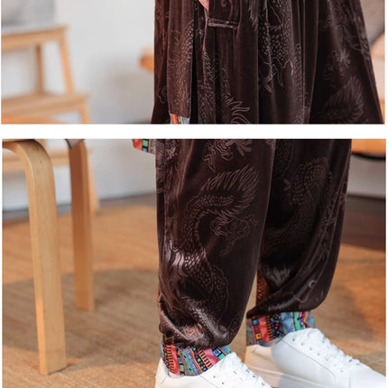 Pantaloni da uomo Kung Fu Tai Chi Pantaloni casual tradizionali da uomo stile cinese retrò allentato fiore scuro drago stampa pantaloni a gamba larga da uomo
