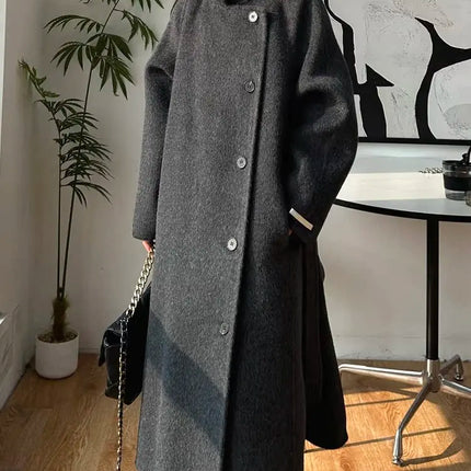 Korean Fashion Dark Gray Stand Collar 100%Wool Coat Women Long Winter Jacket